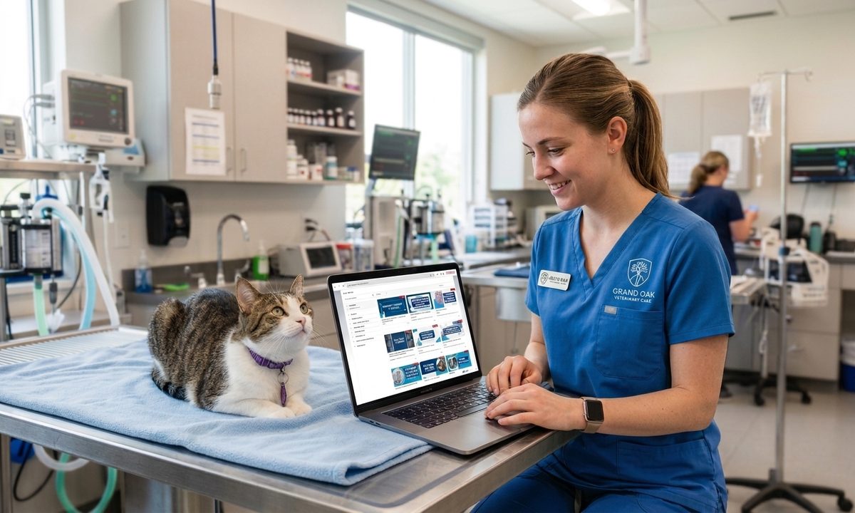 A veterinary technician reviewing course material on a laptop beside a cat in an exam room